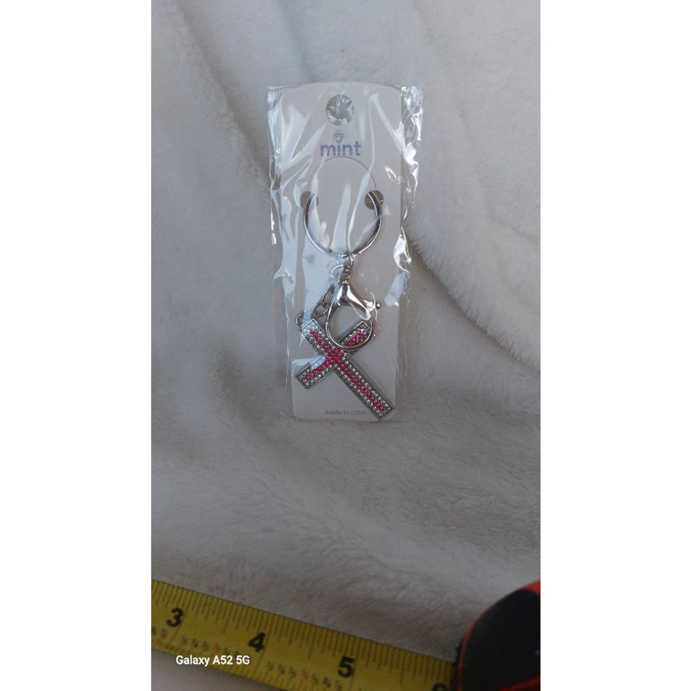Pink and Silver Rhinestone Cross Keychain - Picture 2 of 3